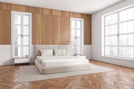 Photo for Corner view on bright bedroom interior with bed, bedsides, panoramic window, pillows, white and wooden wall, hardwood floor, books. Concept of minimalist design. Space for creative idea. 3d rendering - Royalty Free Image