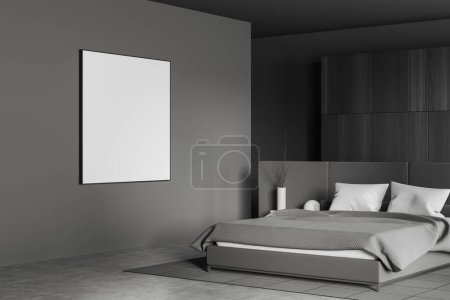 Photo for Dark bedroom interior bed and grey linens, side view nightstand with minimalist decoration, carpet on grey concrete floor. Mock up canvas poster. 3D rendering - Royalty Free Image