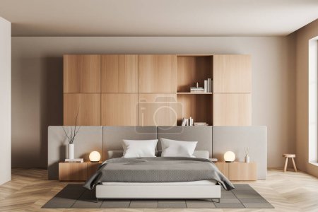 Photo for Beige bedroom interior with bed and accent wall, wooden shelf with stylish decoration, carpet on hardwood floor. Sleeping room with window. 3D rendering - Royalty Free Image