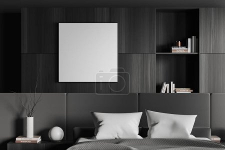 Photo for Dark bedroom interior bed with grey beddings, shelf with minimalist art decoration and accent wall. Mock up canvas square poster. 3D rendering - Royalty Free Image