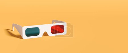 Téléchargez les photos : Lunettes 3D pour cinéma avec lentille rouge et bleue sur fond jaune vide. rendu 3D - en image libre de droit