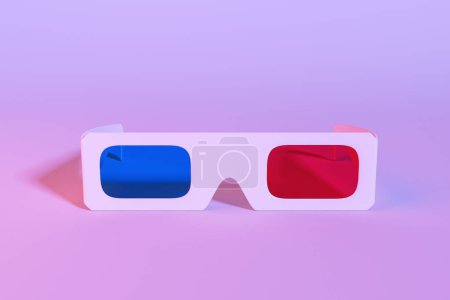Téléchargez les photos : Lunettes 3D pour cinéma avec lentille rouge et bleue sur fond violet. Espace de copie. rendu 3D - en image libre de droit