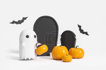 Photo for Cartoon ghost with pumpkin bag standing near mockup empty tomb, pumpkins at graveyard. Black bats flying on white background. Concept of halloween. 3D rendering - Royalty Free Image