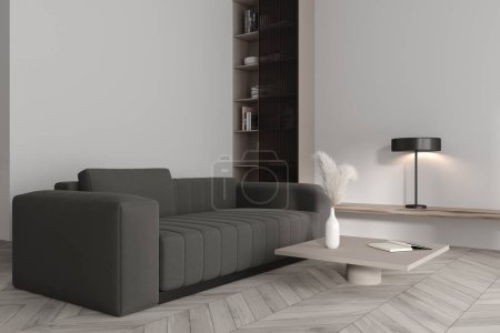 Foto de Interior de la sala de estar blanca con sofá y mesa de centro, estante de vista lateral con libros y decoración, alfombra en suelo de madera. Mockup pared blanca vacía. Renderizado 3D - Imagen libre de derechos