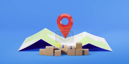 Photo for Cardboard boxes with red geo tag and world map on blue background. Concept of delivery and tracking of parcels. 3D rendering - Royalty Free Image