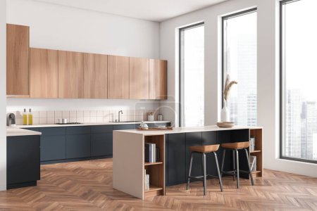 Photo for Corner view on bright kitchen room interior with island, barstools, cupboard, white wall, hardwood floor, panoramic window, sink, oven, gas cooker. Concept of minimalist design. 3d rendering - Royalty Free Image