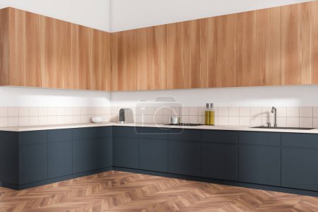 Téléchargez les photos : Intérieur de cuisine en bois clair avec évier, cuisinière et ustensiles de cuisine modernes, vue latérale. Coin cuisine avec étagères cachées et parquet. rendu 3D - en image libre de droit