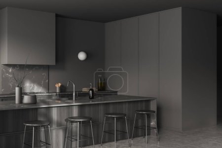 Téléchargez les photos : Vue d'angle sur cuisine sombre intérieur avec îlot, tabourets, mur gris, sol en béton, évier, cuisinière à gaz. Concept de design minimaliste. Rendu 3d - en image libre de droit