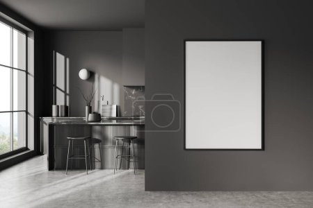 Foto de Interior de la cocina oscura con sillas de bar y la isla en el suelo de hormigón gris, ventana panorámica. Elegante zona de cocina con decoración y utensilios de cocina. Simular cartel en blanco, representación 3D - Imagen libre de derechos