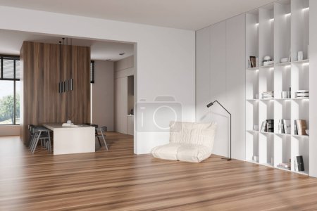 Photo for Wooden studio interior with relax and eating area, side view. Dining table and sofa with shelf and decor, hardwood floor. Panoramic window on countryside view. 3D rendering - Royalty Free Image