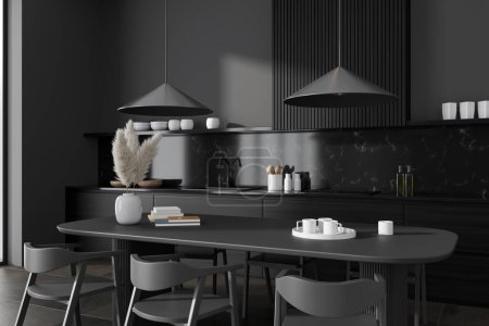 Photo for Dark kitchen interior with dining table and chairs, side view, kitchenware and sink with stove in cooking area. Meeting area with minimalist decoration. 3D rendering - Royalty Free Image