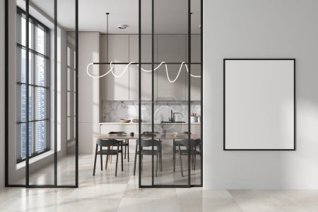 Photo for White kitchen interior with dining table and seats on light tile floor. Cooking space with kitchenware and shelves, panoramic window. Mockup blank poster and glass doors. 3D rendering - Royalty Free Image