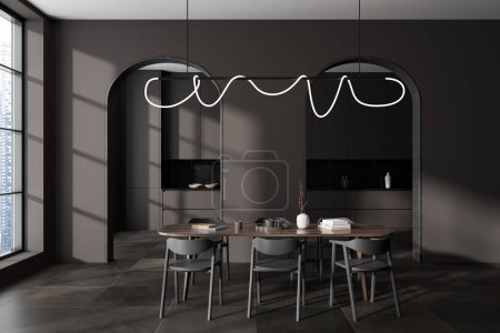 Photo for Dark kitchen interior with dining table and arch doorway into cooking area, panoramic window on skyscrapers. Modern eating zone with minimalist decoration and dishes. 3D rendering - Royalty Free Image