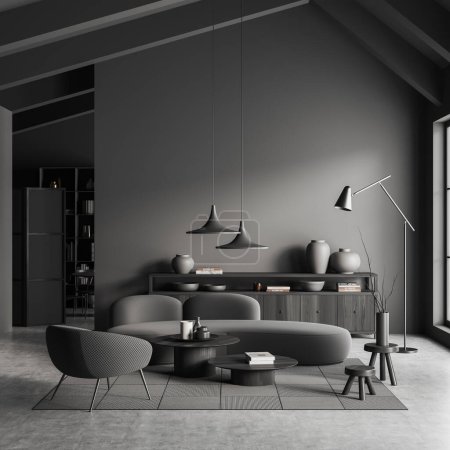 Foto de Interior oscuro de la sala de estar con sofá y sillón, espacio para reuniones con mesa y silla sobre fondo. Cajón con decoración de arte minimalista. Renderizado 3D - Imagen libre de derechos