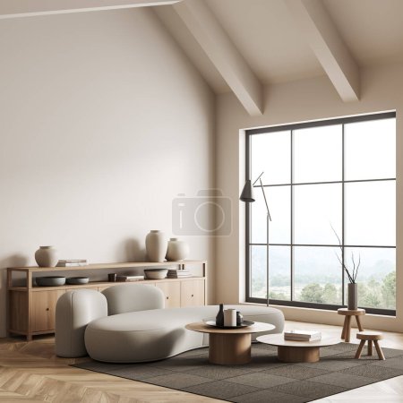 Photo for Beige relaxing room interior with sofa and coffee table, side view. Dresser and stylish art decoration with panoramic window on countryside. Mockup empty wall. 3D rendering - Royalty Free Image