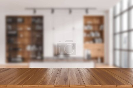 Photo for Light office room interior, wooden table on background of blurred business room. Desk with pc computer and panoramic window. Mockup for product display. 3D rendering - Royalty Free Image