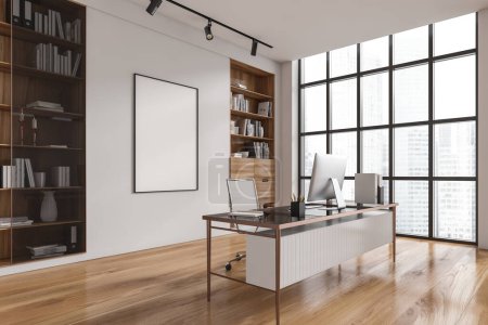 Photo for White office room interior with pc computer on work desk, side view. Shelf with books and panoramic window on skyscrapers. Mockup canvas poster. 3D rendering - Royalty Free Image