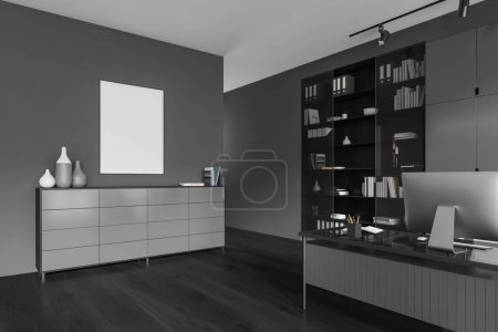 Photo for Dark business room interior with sideboard and decoration, side view. Work table and cabinet with pc computer and tools. Mockup canvas poster. 3D rendering - Royalty Free Image