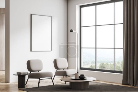 Téléchargez les photos : Salon blanc intérieur avec deux fauteuils, table basse vue de côté avec décoration, tapis sur plancher de bois franc. Fenêtre panoramique sur campagne. Affiche en toile maquillée. rendu 3D - en image libre de droit