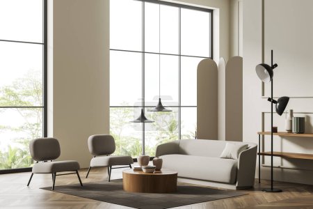 Photo for Cozy living room interior with sofa and two armchairs, side view. Soft place with partition and art decoration. Panoramic window on tropics. 3D rendering - Royalty Free Image