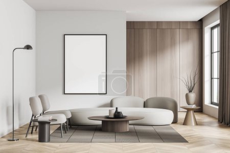 Foto de Elegante salón interior con sofá y dos sillones, mesa de centro con decoración en suelo de madera. Ventana panorámica y maqueta de póster de lona. Renderizado 3D - Imagen libre de derechos