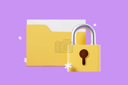 Foto de Carpeta amarilla con documentos sobre fondo púrpura, bloqueo cerrado y contraseña. Concepto de protección y seguridad de datos. Renderizado 3D - Imagen libre de derechos