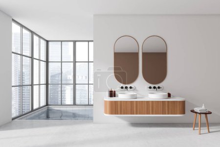 Téléchargez les photos : Salle de bain de luxe intérieure avec double lavabo et piscine, sol béton gris. Fenêtre panoramique sur Singapour vue sur la ville. rendu 3D - en image libre de droit