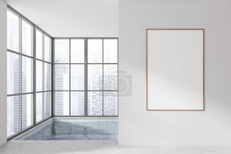 Téléchargez les photos : Intérieur de salle de bain blanche avec piscine dans le coin, fenêtre panoramique sur les gratte-ciel de Singapour. Affiche en toile maquillée. rendu 3D - en image libre de droit