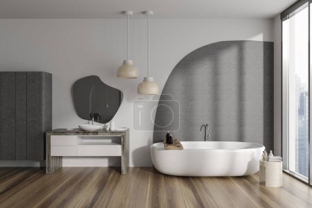 Photo for Modern bathroom interior with bathtub and sink with bathing accessories, hardwood floor. Bathing corner with panoramic window on city view. 3D rendering - Royalty Free Image