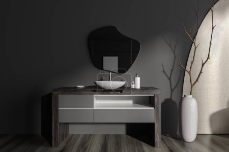 Photo for Grey bathroom interior with sink and wooden dresser with accessories, hardwood floor. Bathing area with minimalist decoration. 3D rendering - Royalty Free Image