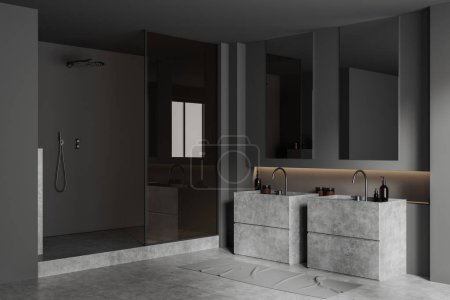Foto de Vista de esquina en el interior del cuarto de baño oscuro con ducha, espejos, lavabos, paredes grises, suelo de hormigón, alfombra, mampara de vidrio. renderizado 3d - Imagen libre de derechos