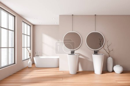 Photo for Beige bathroom interior with double sink and bathtub on hardwood floor. Bathing area with decoration and panoramic window on city view. 3D rendering - Royalty Free Image