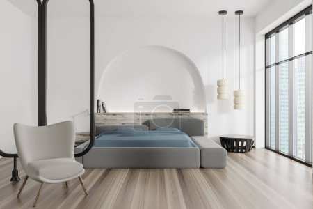Photo for White bedroom interior sleeping bed and armchair on hardwood floor. Nightstand with art decoration and lamp. Panoramic window on skyscrapers. 3D rendering - Royalty Free Image