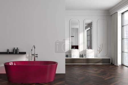 Photo for White hotel studio interior with red bathtub and double sink, sleeping zone near panoramic window on Singapore skyscrapers. Mockup copy space wall. 3D rendering - Royalty Free Image