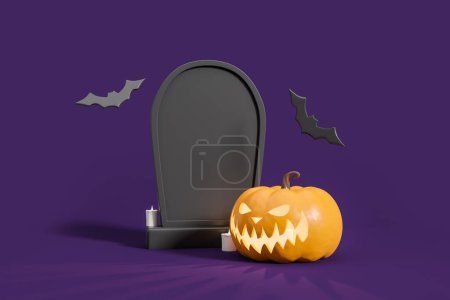 Photo for Scary pumpkin and mockup copy space empty tomb, candles at graveyard. Black bats flying on dark violet background. Concept of jack lantern. 3D rendering - Royalty Free Image