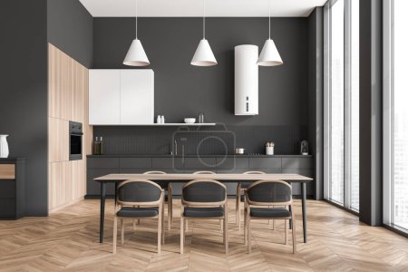 Photo for Dark kitchen interior with dining table and chairs on hardwood floor. Kitchenware on deck and oven mounted. Eating area with panoramic window. 3D rendering - Royalty Free Image