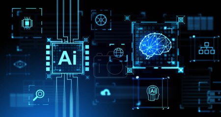 Photo for Digital hologram with AI brain and technologies icons. Artificial intelligence, big data and circuit board. Concept of machine learning and research. 3D rendering illustration - Royalty Free Image