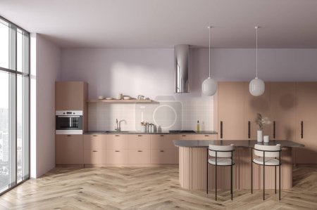 Photo for Interior of modern kitchen with light pink walls, wooden floor, beige cupboards and cabinets with built in cooker, sink and oven and comfortable bar with stools. 3d rendering - Royalty Free Image