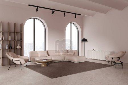 Foto de Acogedor hogar salón interior con sofá, sillones y decoración. Rincón relajante con muebles elegantes, alfombra en suelo de hormigón. Ventana panorámica del arco sobre los rascacielos de París. Renderizado 3D - Imagen libre de derechos