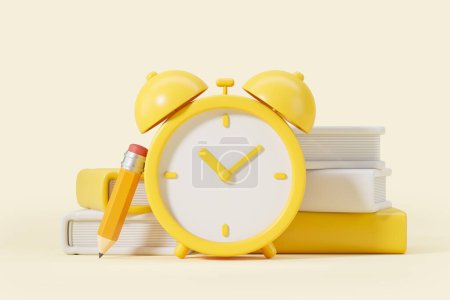Photo for Stacks of books and yellow alarm clock with pencil over light yellow background. Back to school, education and reading concept. 3d rendering - Royalty Free Image