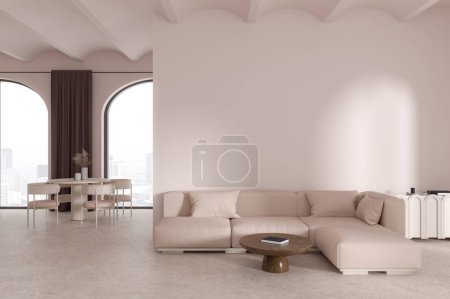 Foto de Interior de la moderna sala de estar con paredes de color rosa, suelo de piedra, sofá beige con mesa de centro y espacio de copia de la pared por encima de ella y sala de estar con mesa de comedor redonda y sillas en el fondo. renderizado 3d - Imagen libre de derechos