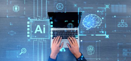 Photo for Businessman hands top view typing in laptop, AI brain hologram, chip with digital circuit board and gears. Concept of virtual assistant, artificial intelligence and information processing - Royalty Free Image