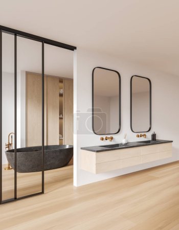 Téléchargez les photos : Maison de luxe salle de bain intérieure avec double lavabo et vanité flottante, vue latérale baignoire en pierre avec accessoires derrière cloison en verre. Coin baignade minimaliste dans un appartement moderne. rendu 3D - en image libre de droit