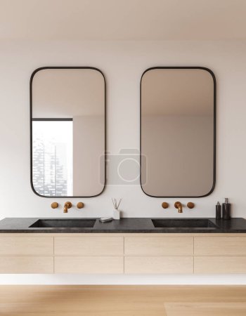 Téléchargez les photos : Intérieur de salle de bain moderne avec murs blancs, plancher en bois, confortable lavabo double debout sur le comptoir en bois et deux miroirs verticaux. Rendu 3d - en image libre de droit