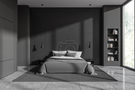 Photo for Interior of stylish bedroom with dark gray walls, concrete floor, comfortable king size bed with gray cover, two round bedside tables and bookcase. 3d rendering - Royalty Free Image