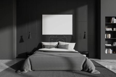 Foto de Dormitorio del hotel cama interior y decoración minimalista, alfombra en baldosas grises piso de hormigón. Cuarto de dormir moderno con póster de lona simulada en la pared negra. Renderizado 3D - Imagen libre de derechos