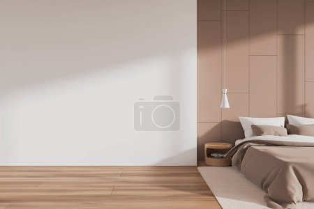 Photo for Stylish hotel bedroom interior bed on carpet, hardwood floor. Cozy sleep room with minimalist furniture and nightstand. White copy space mock up wall. 3D rendering - Royalty Free Image