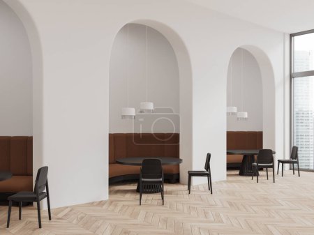 Foto de Esquina de restaurante moderno con paredes arqueadas blancas, suelo de madera, mesas redondas con cómodos sofás marrones y sillas negras de pie cerca de ellos. renderizado 3d - Imagen libre de derechos