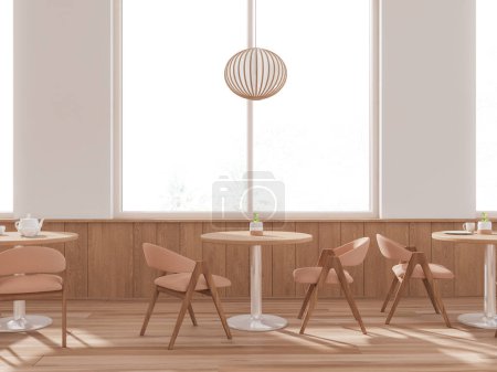 Téléchargez les photos : Intérieur du café moderne avec des murs blancs et en bois, sol en bois, tables rondes avec chaises beige et fenêtres avec vue tropicale. Rendu 3d - en image libre de droit