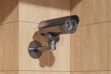 Téléchargez les photos : Caméra de sécurité CCTV sur mur en bois, équipement vidéo pour le contrôle de la zone du système de sécurité. Concept de surveillance et de suivi. Illustration de rendu 3D - en image libre de droit